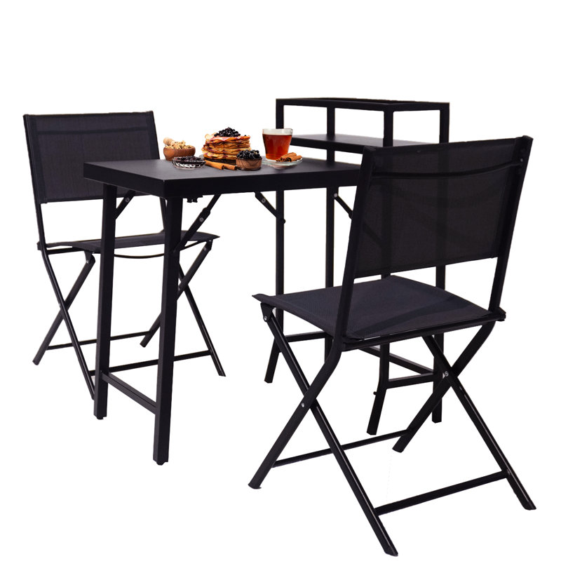 Bistro de patio extérieur 3 pièces, table pliante noire et chaises, construction rouille, toile résistante aux intempéries, de 3 pièces, meubles en noir, structure en acier, écharpe Sling