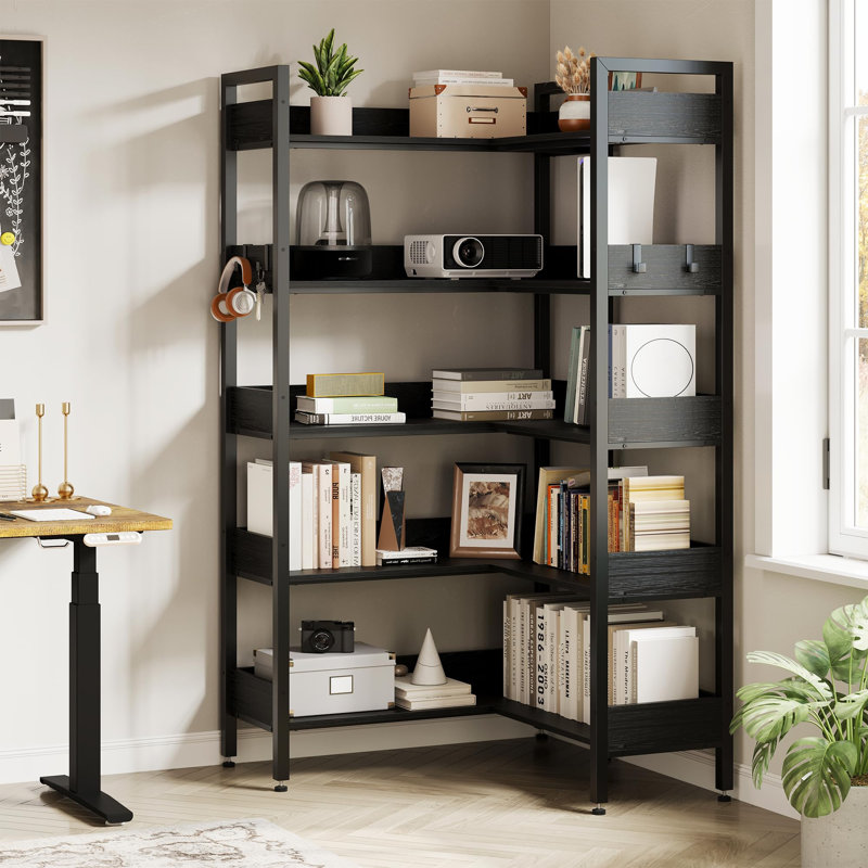 Corner Bookshelf, 5-Tier L-Shaped Industrial Bookcase, Convertible Storage Display Shelf for Living Room or Office, Black