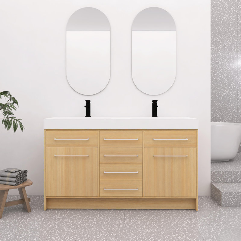 Meuble-lavabo autoportant de 60 po avec lavabo double en résine, 2 portes à fermeture douce et 6 tiroirs à fermeture douce