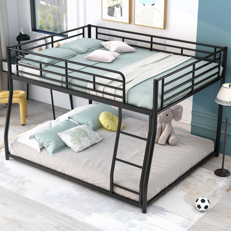 Metal Floor Bunk Bed, Full XL over Queen, Black - Contemporary Durable Steel Frame, Space-Saving Design with Inclined Ladder