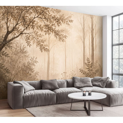 Wall Mural Peel and Stick Wallpaper Misty Woodland Forest Landscape Soft Sepia Tones Trees Self-Adhesive Removable Contact Paper Wall Decor for Living Room Bedroom 100"H x 144"W