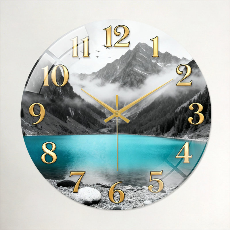 "Mountain Lake", horloge murale en verre, 60 x 60 cm (23,6 x 23,6 pouces)