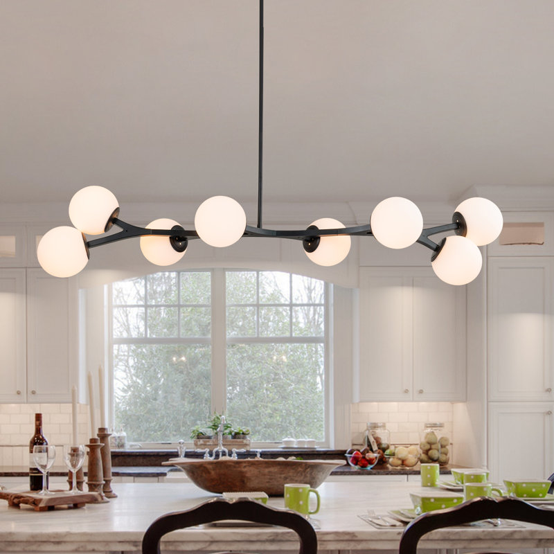 8-Light Sputnik Modern Linear Glass Bubble Chandelier, Matte Black, Blanc