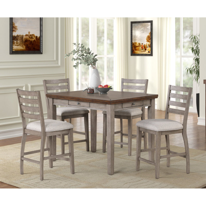 Table de salle à manger 4 tiroirs à hauteur de comptoir, décoration rustique grise bicolore avec tiroirs, style finition