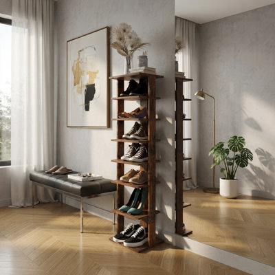 Range-chaussures en bois à 7 niveaux - Support de rangement en MDF brun rustique pour vestibule, couloir et petits espaces (blanc, noir, options naturelles)
