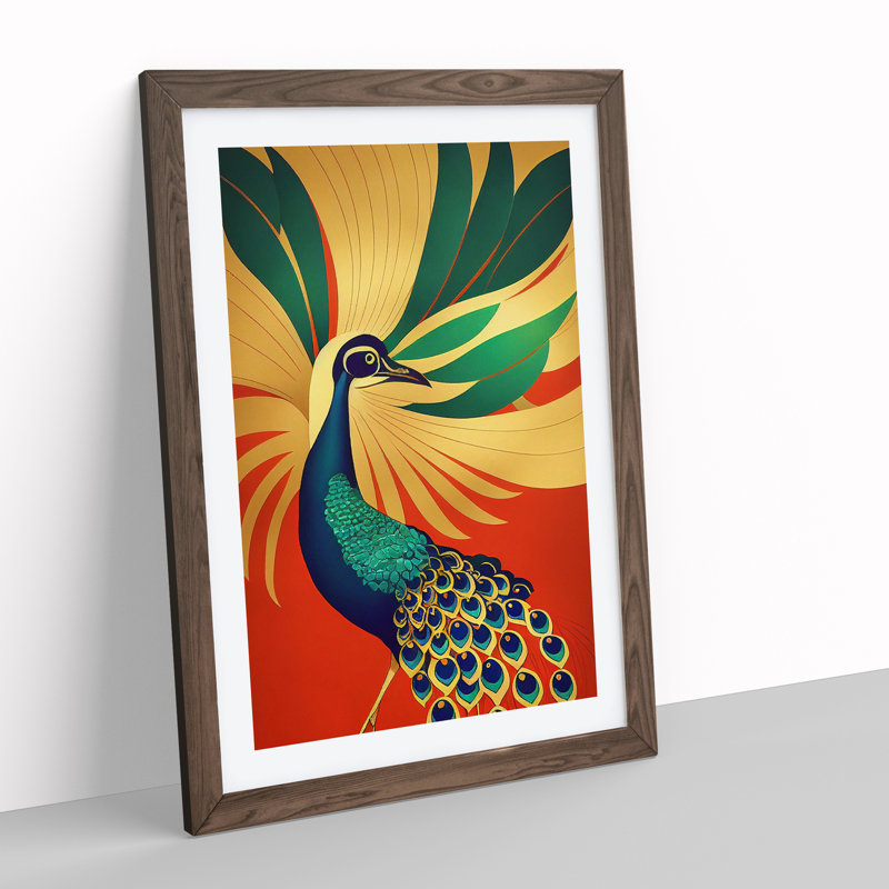 Peacock Art Deco No.1 - Single Picture Frame Print, Walnut Framed, 64cm H x 46cm W x 2cm D