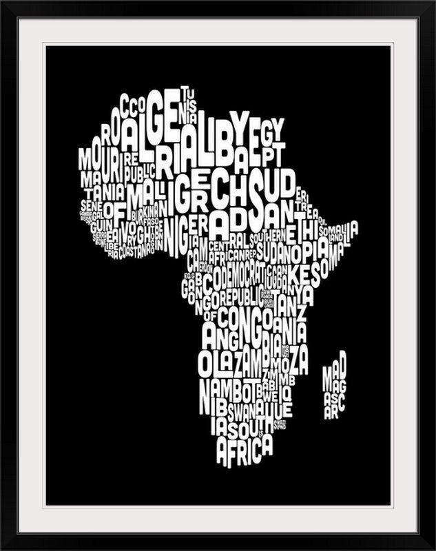 Francy «carte des pays d'Afrique» par Michael Tompsett - reproduction d'art textuel, H 48 po x l 36 po x P 1,5 po, Toile