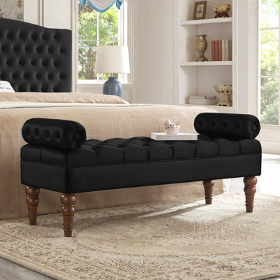 Velvet Fabric Upholstered Long Bench - Button Tufted Seat, For Bedroom, Window & Entryway, Bolster Design