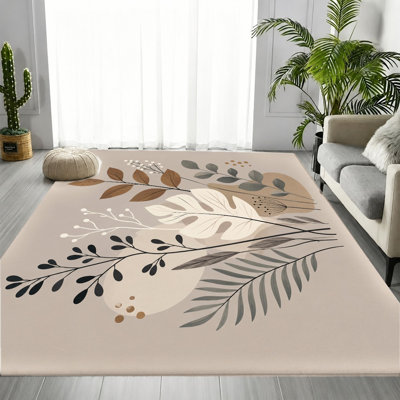 Tapis bohémien à motif floral abstrait, motif botanique rétro beige crème, tapis doux, antidérapant, lavable à la machine, décoration intérieure chic pour le salon, la chambre à coucher, l'entrée, appartement
