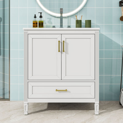 30Inch Fluted Bathroom Vanity with Ceramic Basin with Solid Wood Legs, Soft-Close Double Doors & Drawer