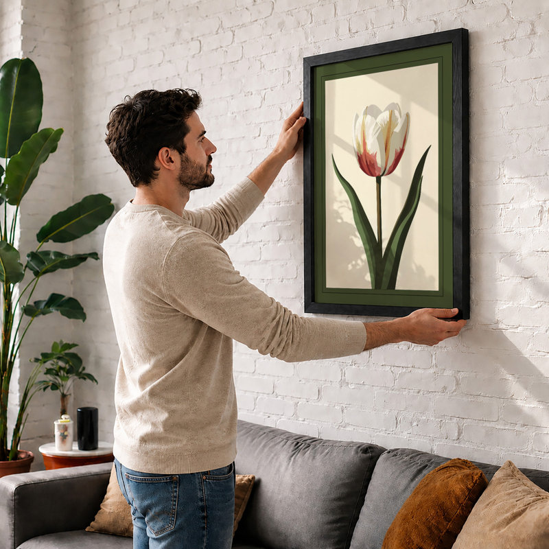 Single Tulip Study Botanical - Framed Print, Black, A3 - 42.0 x 29.7 cm