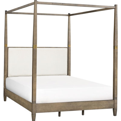 Brown Canopy Queen Bed - 100% Woven Fabric Solid Wood Frame And Metal Finish Veneer Upholstered Headboard Slat Foundation