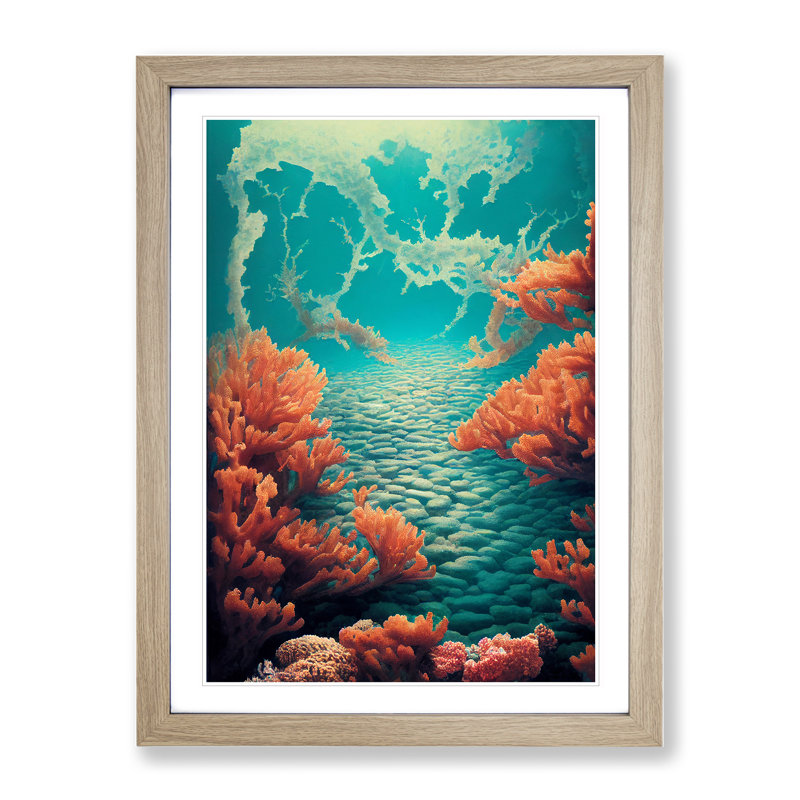 Illuminated Coral Reef - Single Picture Frame Painting, 46cm H x 34cm W x 2cm D, Oak
