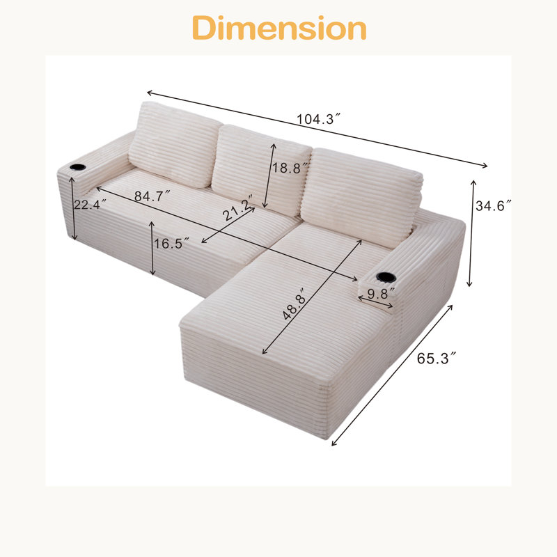104 Inch Cloud Sectional Couch,Modern Modular Sectional Sofa With Deep Seat,Corduroy Boneless Couches With L-Shape Chaise For Living Room Bedroom