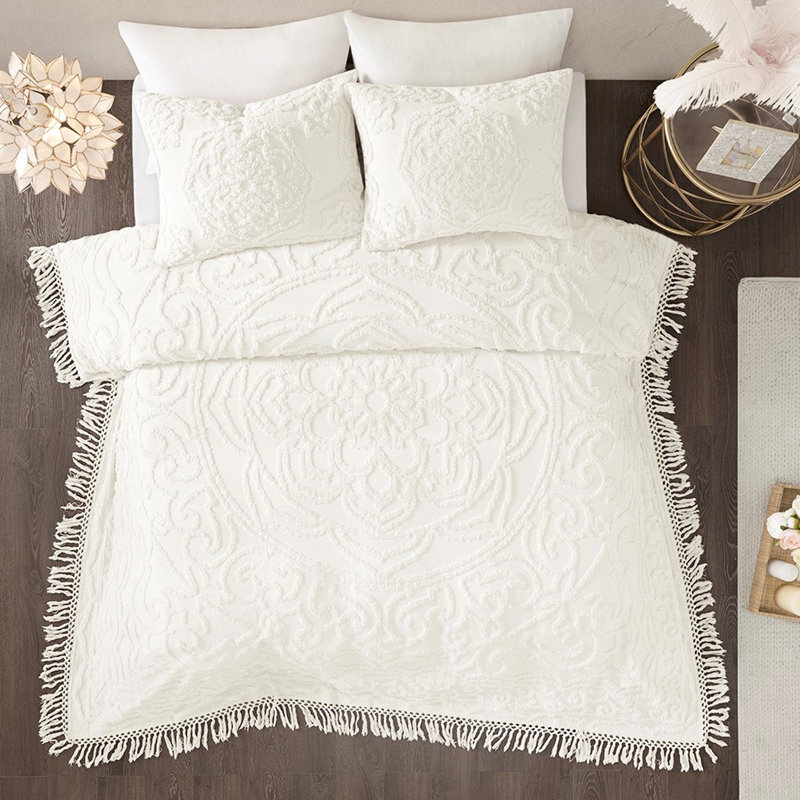 Couvre-lit à médaillon en coton chenille, Couvre-lit très grand et 2 taies de très grande , Blanc cassé