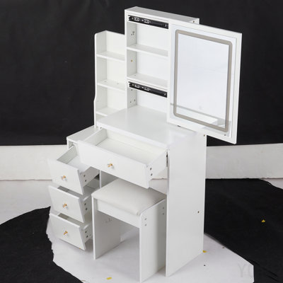 Table de coiffeuse avec miroir de chevet à gauche 29,2 po avec petit tabouret avec tabouret rembourré, grande commande tactile, interrupteur 3 couleurs, miroir à luminosité réglable, rangement grande capacité, certificat EPA, GCC, UL