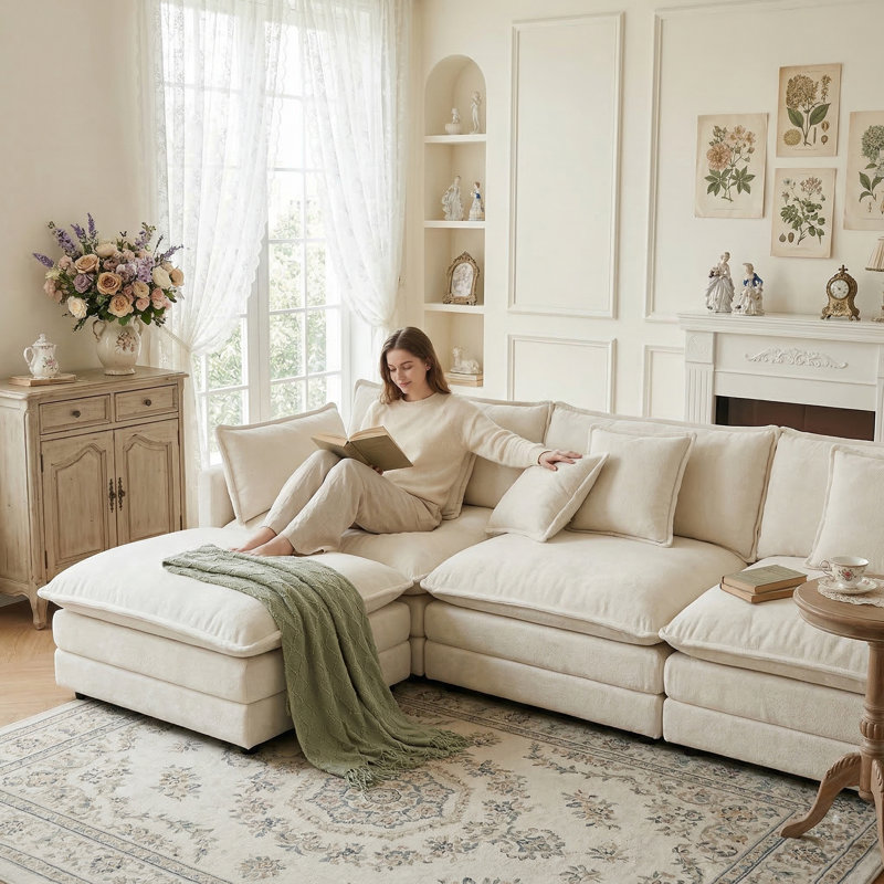146" Upholstery Modular Sectional Set, Beige Chenille