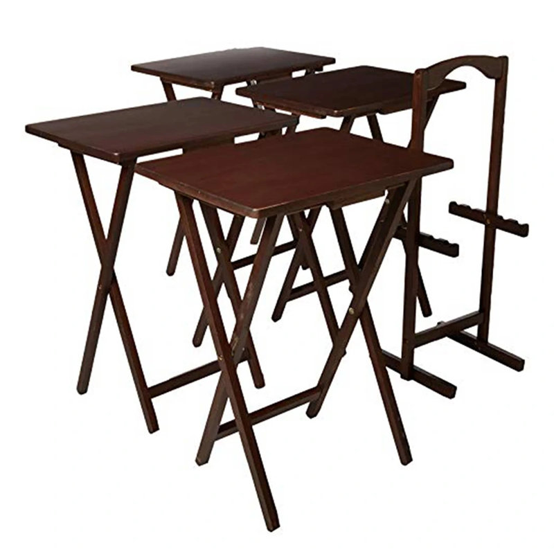 PJ Wood Folding TV Tray Tables with Compact Storage Rack, 5 Piece Set, 26.5" H x 24"L x 13.5", Walnut Brown