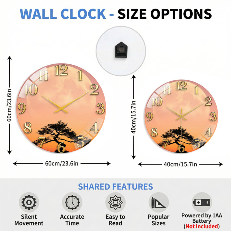 Horloge murale décorative en verre Sunset Tree, 60 x 60 cm (23,6 x 23,6 pouces)