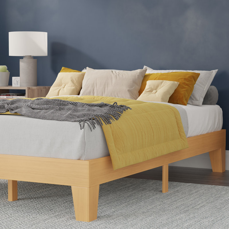 Natural Pine Queen Platform Bed Frame with Wooden Slats