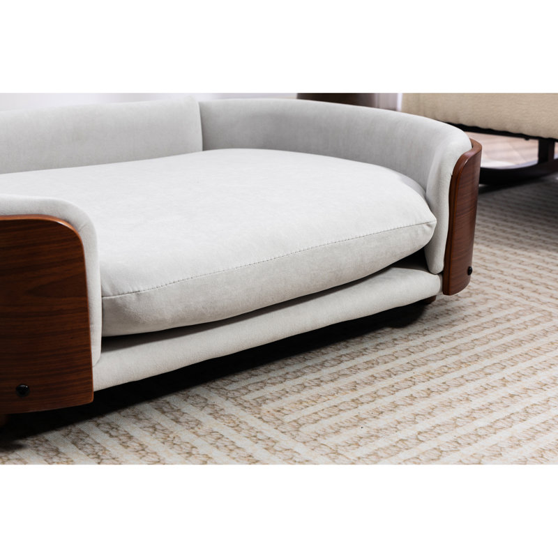 Lit pour chien surélevé gris en velours de style scandinave avec dossier en bois cintré, coussin amovible et grande taille en noyer ventilé, gris, facile à assembler