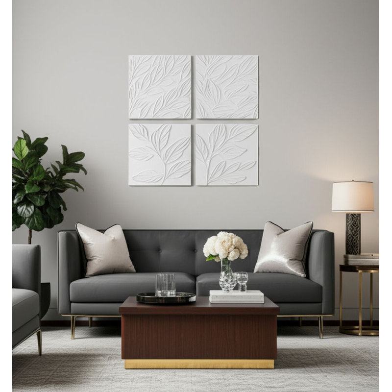 Bohm Canvas Art Wall Decor - Textured Leaf Design - Wood & Frame - Glam Modern Style - For Home, Office, Bedroom, Or Living Room - Set Of 4 - 20" Ivory & White