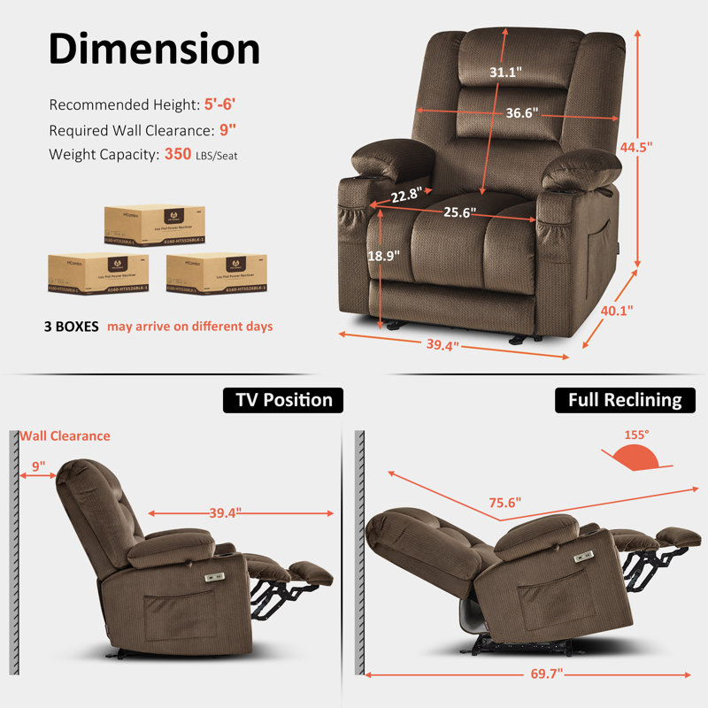 Fauteuil inclinable électrique de 25,6 po de largeur sans gravité avec massage par vibration et chaleur, Café