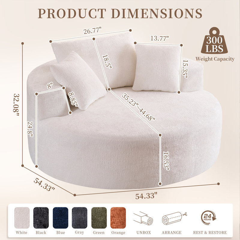 55.1" Oversized Chenille Swivel Accent Chair, Large Barrel Chair with 360° Rotating Base, Comfy Reading Chair, Upholstered Round Lounge Chair, Cloud-Soft Armchair with 3 Throw Pillows for Living Room & Bedroom