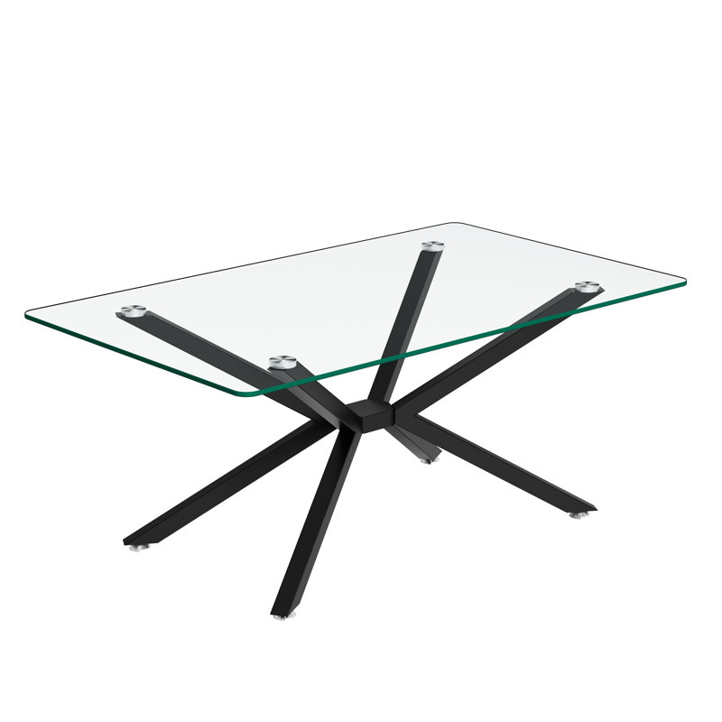 Modern Glass Coffee Table, 39.37" Sofa Coffee Table with Cross Metal Frame and Clear Glass Top, Rectangular Cocktail Centre Table for Living Room