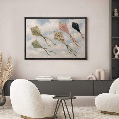 Vintage Flying Kites Whimsical Kids Room Decor - Framed Canvas Wall Art Print