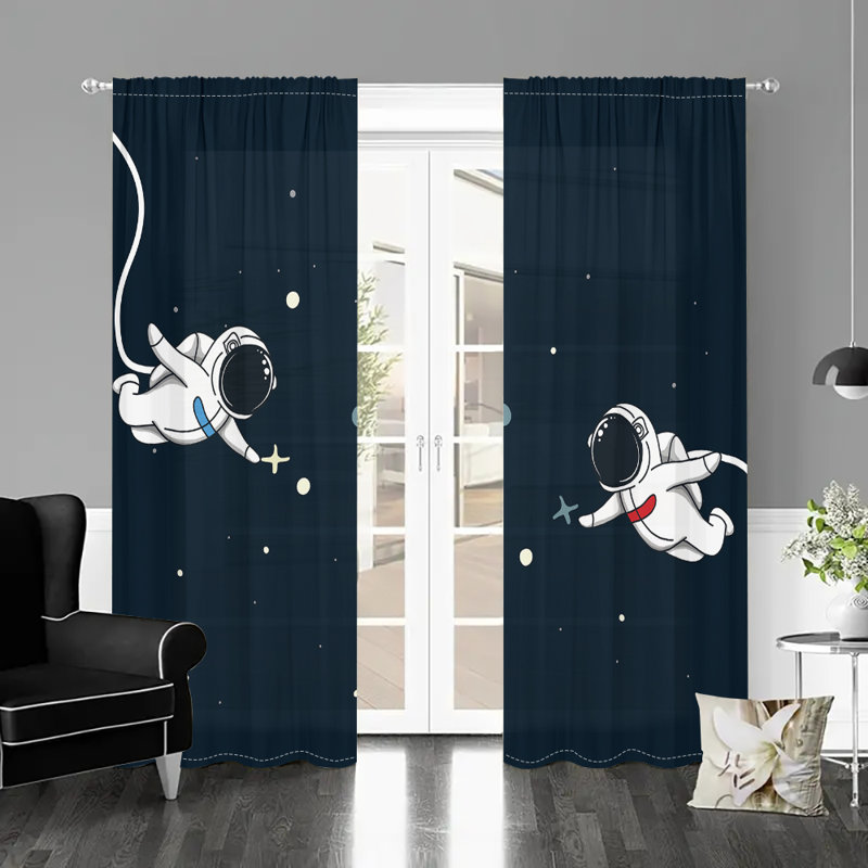 2Pcs Cartoon Astronaut Space Curtains Starry Universe Panel Drapes Rod Pocket Darkening Window Treatment Polyester Curtain for Living Room Bedroom Kids Theme Home Decor