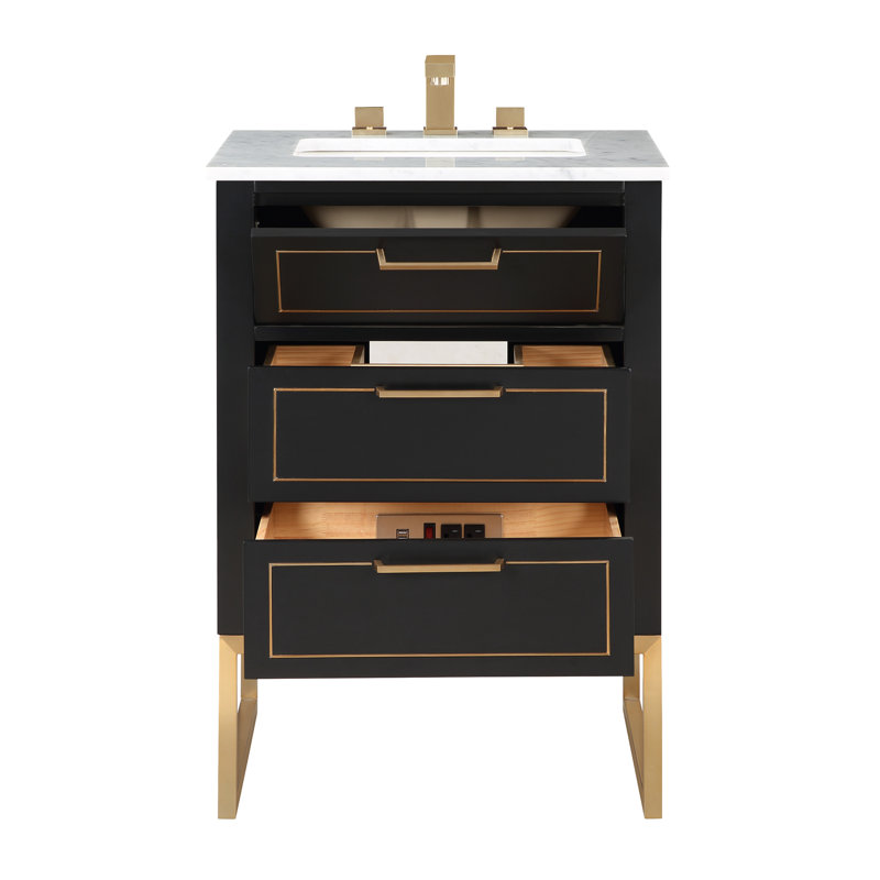 Markham 24'' W Single Vanity, Midnight Black, Carrara Marble, Satin Brass
