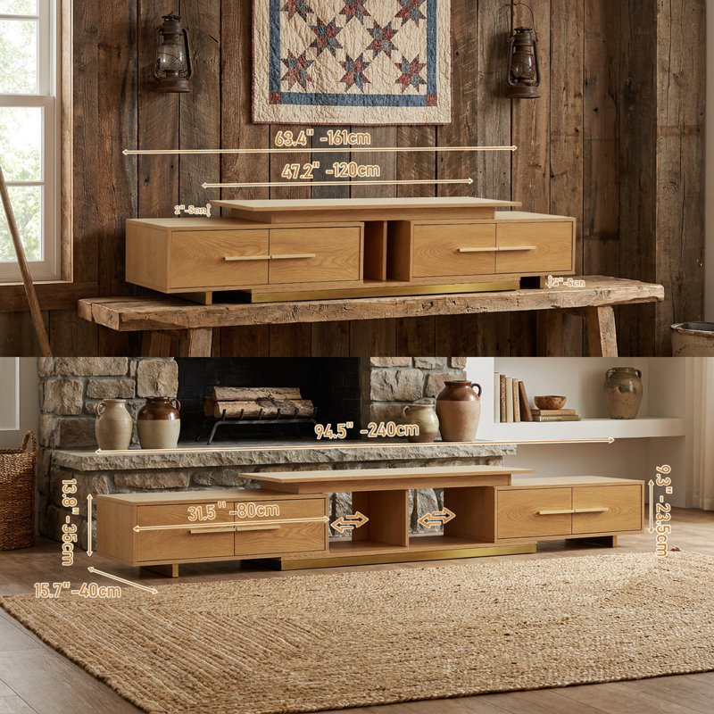Meuble télé Mid-Century moderne extensible avec tiroirs de rangement, centre de divertissement à longueur réglable avec base en acier inoxydable, pouvant accueillir un téléviseur de 100 po ou moins dans le salon (63,4 po à 94,5 po)