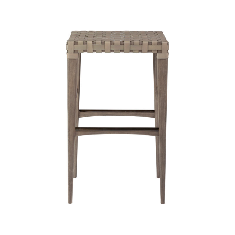 Warm Gray Mahogany and Woven Leather Backless Bar Stool