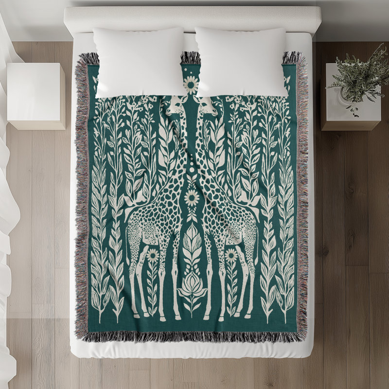 Jeté en mélange de coton Josu Giraffe, Sarcelle / blanc cassé, L 60 po x l 50 po