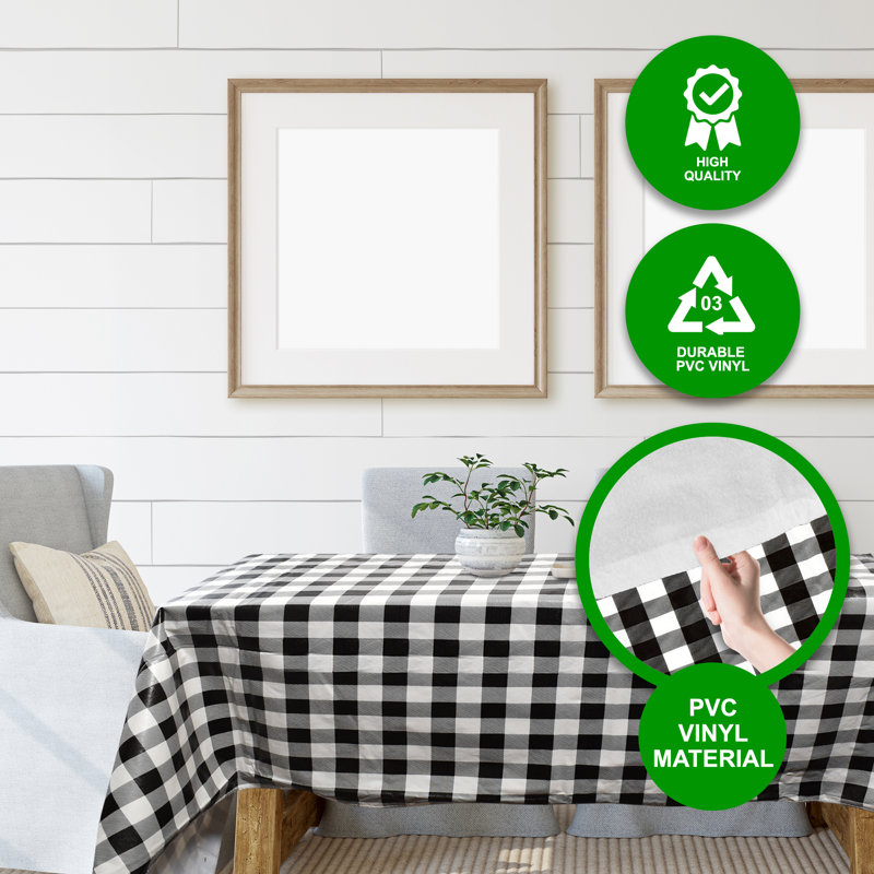 Tablecover-Vinyl With Flannel, Rectangle,Water Proof,Easy To Clean, Checked Design, 120" Rectangle, Black