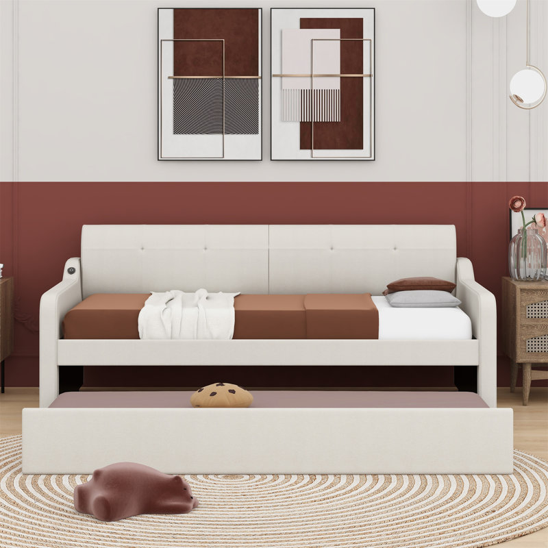 Lit de jour simple rembourré avec lit gigogne et conception de chargement USB, le lit gigogne peut être plat ou érigé, Beige