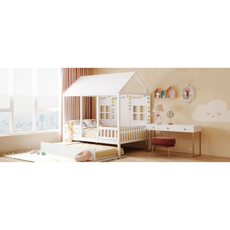 Wood House Bed With Trundle, Wooden Daybed, Full/Double