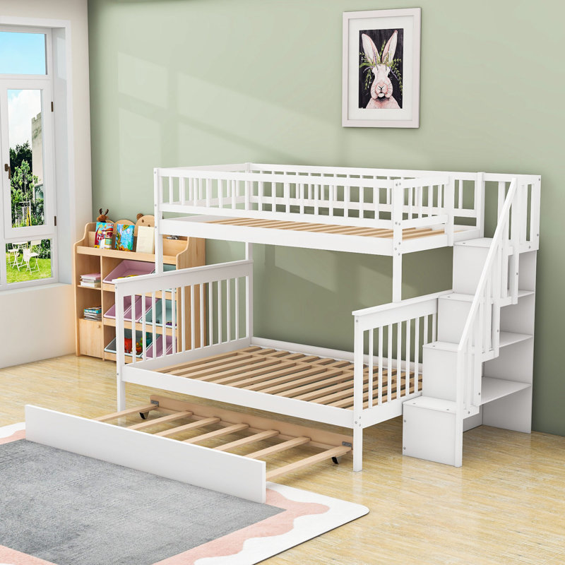Wood Twin Over Full Bunk Bed With Twin Trundle, Storage Staircase And Guardrails, White