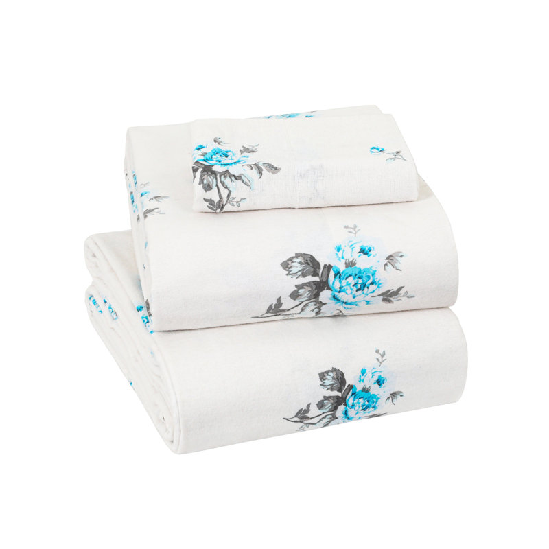 Colyt 100% Cotton Flannel Sheet Set, Twin Sheet Case Pack+Fitted Sheet + 2 Pillowcase, Blue Floral