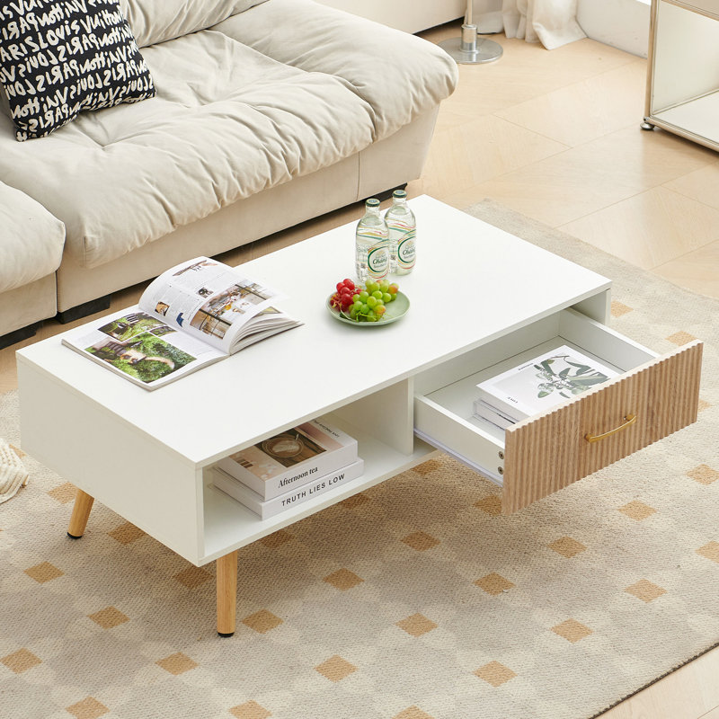 Boho Rectangle Coffee Table with Solid Wood Legs & Sliding Storage Drawer, Modern Living Room or Office Center Table