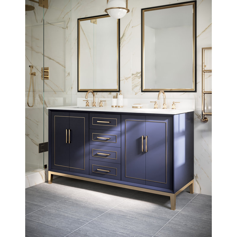 Gracie 60'' Double Bathroom Vanity with Top, White Quartz, Pacific Blue