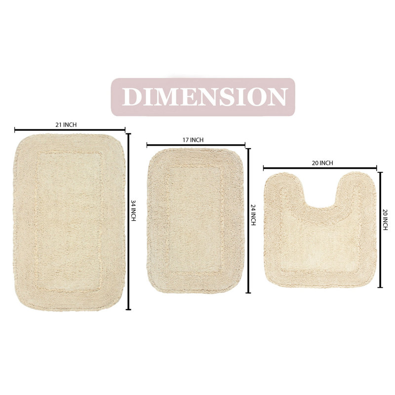 Aceyon Plush Cotton 3 Piece Bath Rug Set, Ivory