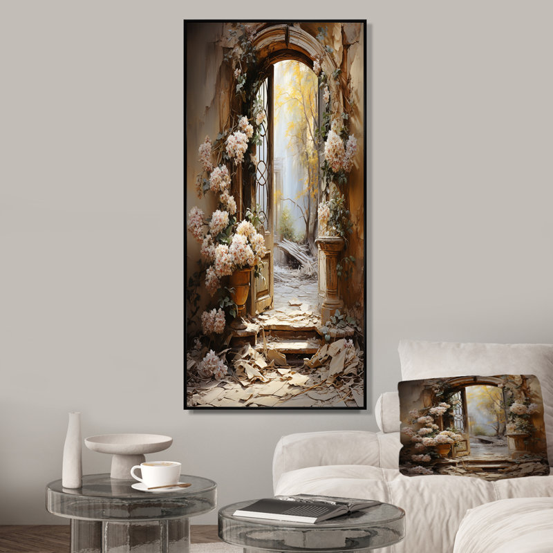 Ruines anciennes «Blooms I» - Art mural fantastique, Cadre flottant noir, 40" H x 30" W