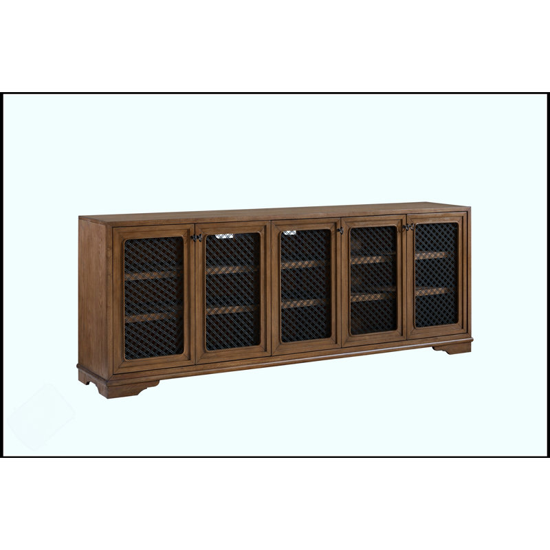 Console durable à finition amande de 84 pouces avec placages de hickory, parfaite pour un décor intérieur élégant et fonctionnel.