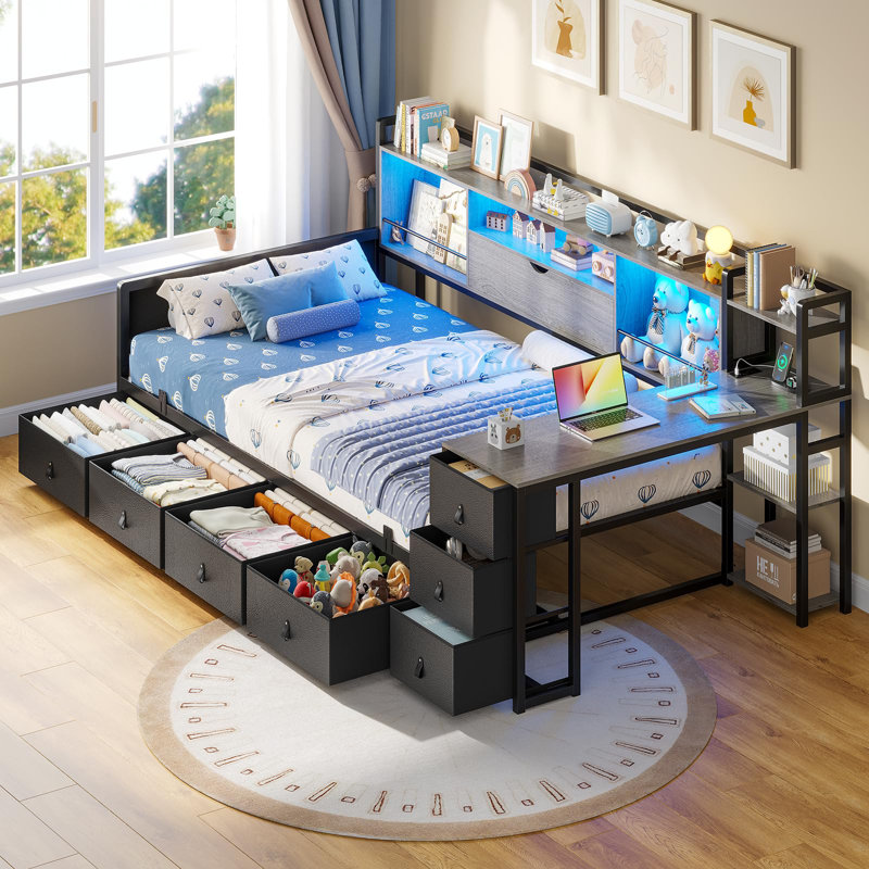 Twin Daybed Corner Bed Frame With 7 Drawers, Desk And Bookcase Storage, Metal Platform  Bed With Charging Station, Black
