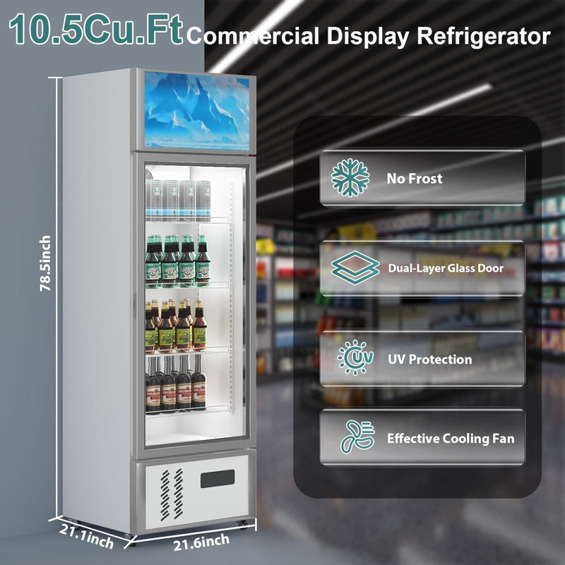 8 pieds cubes Pi. Réfrigérateur commercial pour boissons avec porte vitrée - Réfrigérateur de présentation pour la bière, les boissons gazeuses, les collations - Tablettes réglables, thermostat numérique, roulettes - idéal pour les bars, les cafés