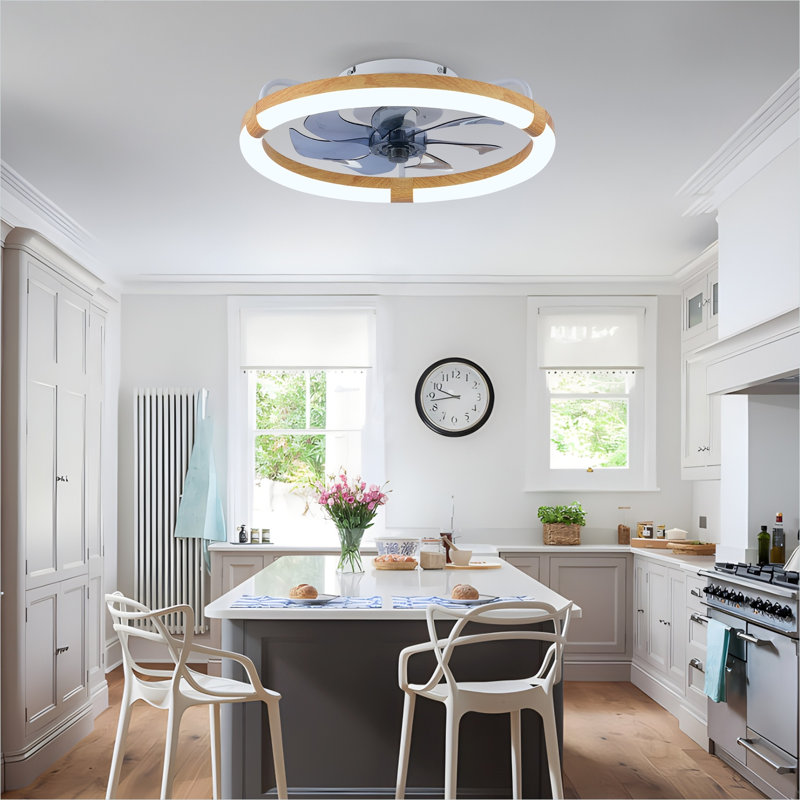 Ventilateur de plafond en cage de 20 pouces avec ensemble d'éclairage à DEL et télécommande en blanc et bois naturel, moteur à courant continu à 6 vitesses, idéal pour le salon ou la chambre à coucher
