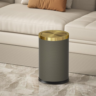 2.4 Gallon Bathroom Trash Can With Lid, Pu Leather Modern Garbage Can, Round Decorative Waste Basket, For Near Desk, Powder, Bedroom, Hotel, Office, Home