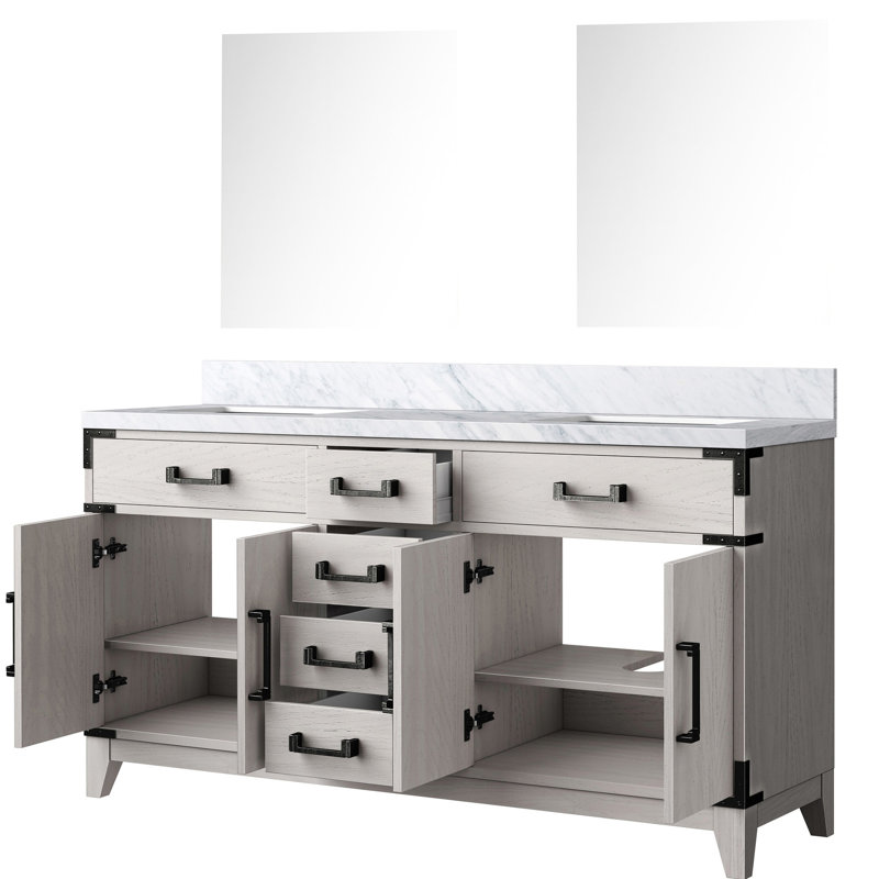 Meuble-lavabo double en chêne blanc 60 po x 22 po avec comptoir en marbre poli et miroirs inclus